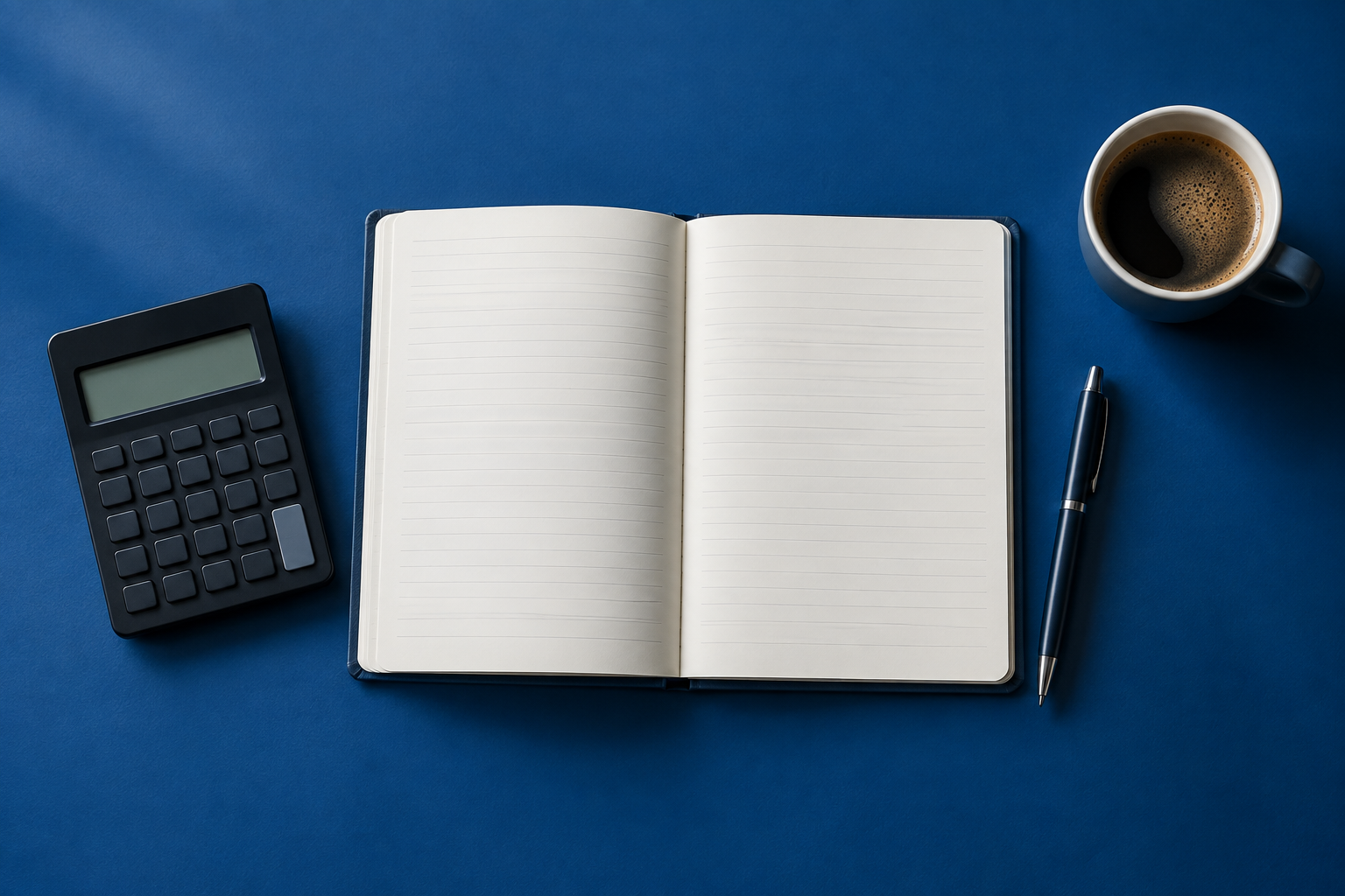 A neatly arranged ledger, calculator and pen on a blue desk